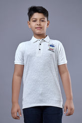 Boys White Printed Half Sleeves Polo T-Shirt
