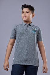 Boys Grey Printed Half Sleeves Polo T-Shirt