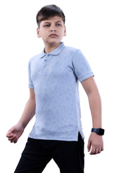 Boys Blue Textured Half Sleeves Polo T-Shirt