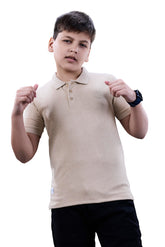 Boys Beige Textured Half Sleeves Polo T-Shirt