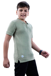 Boys Green Textured Half Sleeves Polo T-Shirt