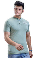 Sage Green Mandarin Collar Graphic T-Shirt