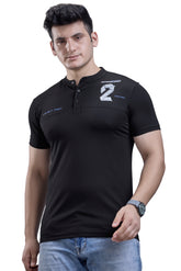 Black Mandarin Collar Graphic T-Shirt