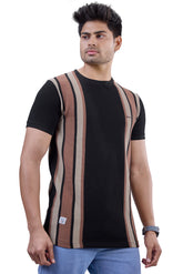 Black & Brown Striped Textured Crew T-Shirt