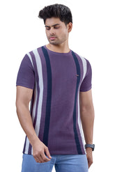 Purple & Navy Striped Textured Crew T-Shirt