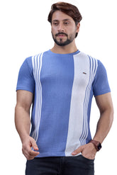 Blue & White Striped Textured Crew T-Shirt