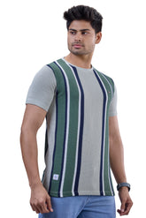 Green & Navy Striped Textured Crew T-Shirt