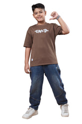 Boys Brown Half Sleeves Oversized Tshirt