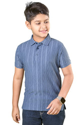 Boys Blue Textured Half Sleeves Polo T-Shirt