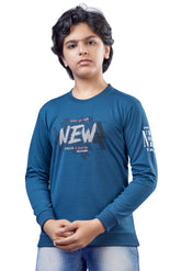 Teal Blue Graphic Print Boys Full Sleeves T-Shirt