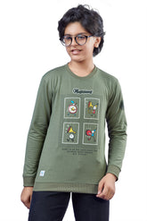 Olive Green Graphic Print Boys Full Sleeves T-Shirt