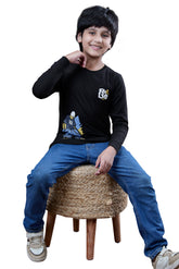 Black Graphic Print Boys Full Sleeves T-Shirt