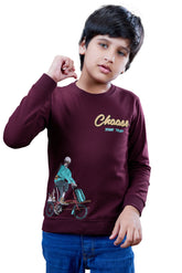 Maroon Graphic Print Boys Full Sleeves T-Shirt