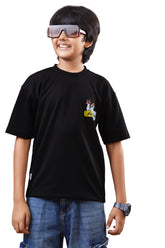 Boys Black Half Sleeves Drop-Shoulder Tshirt