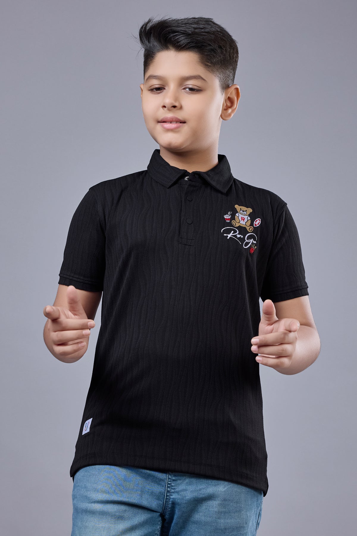 Jet Black Textured Half Sleeves Polo T-Shirt