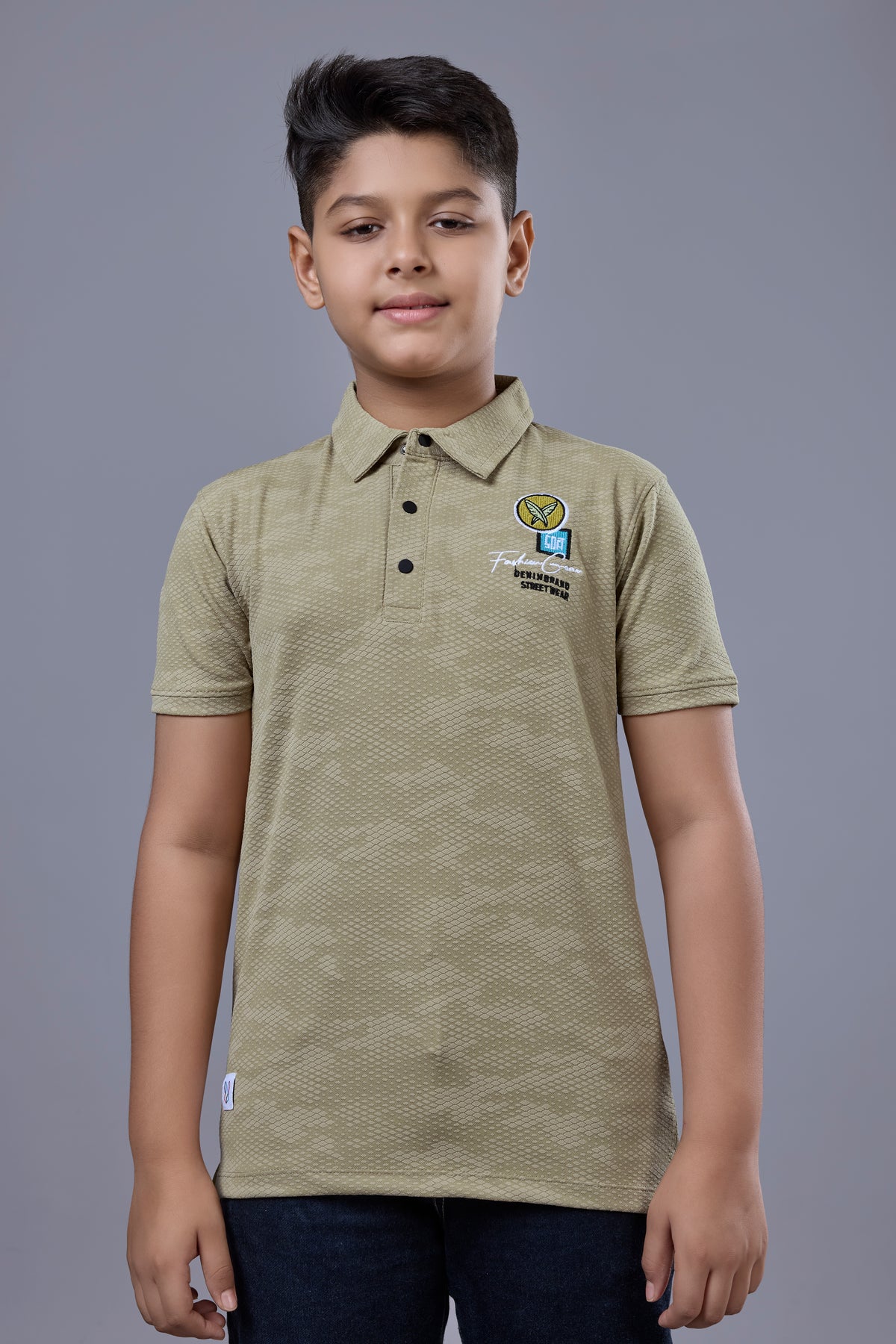 Olive Green Textured Half Sleeves Polo T-Shirt