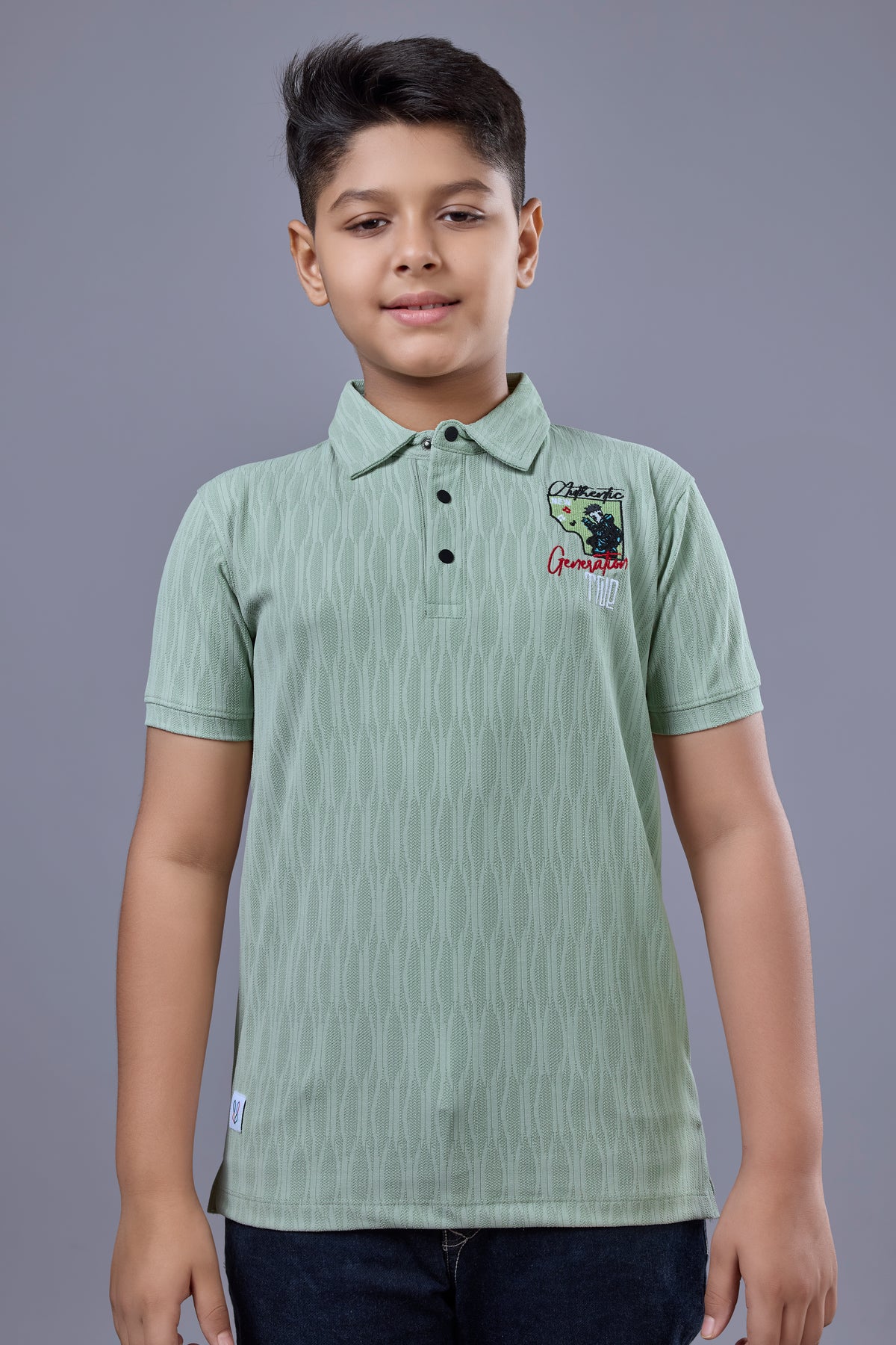 Boys Green Printed Half Sleeves Polo T-Shirt