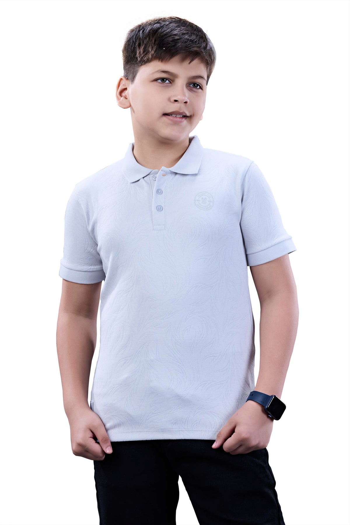 Boys Light Blue Textured Half Sleeves Polo T-Shirt