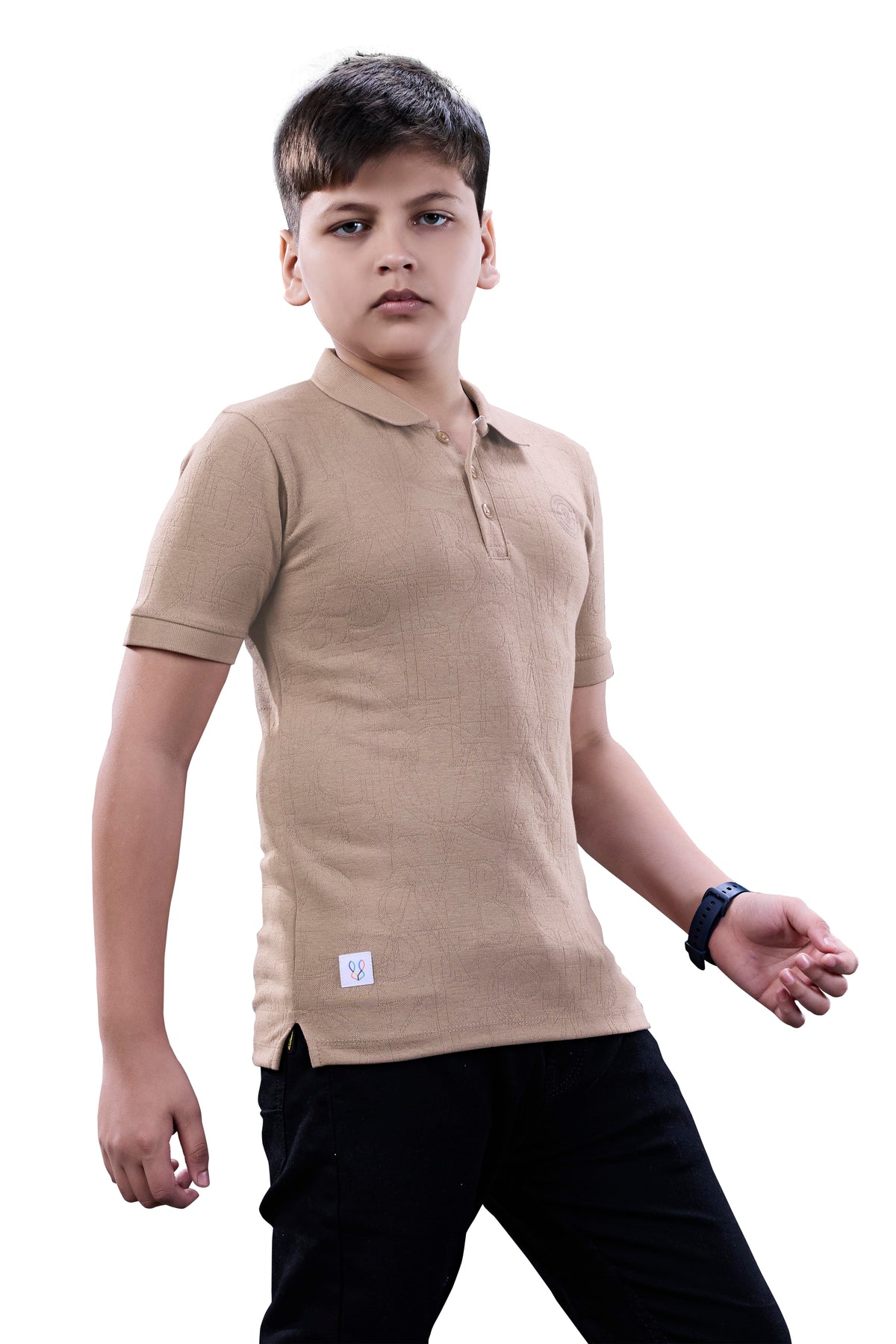 Boys Brown Textured Half Sleeves Polo T-Shirt