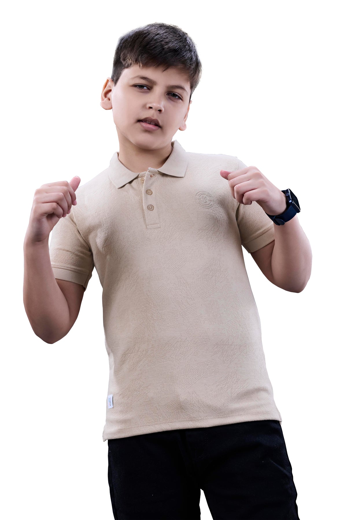 Beige Textured Half Sleeves Polo T-Shirt