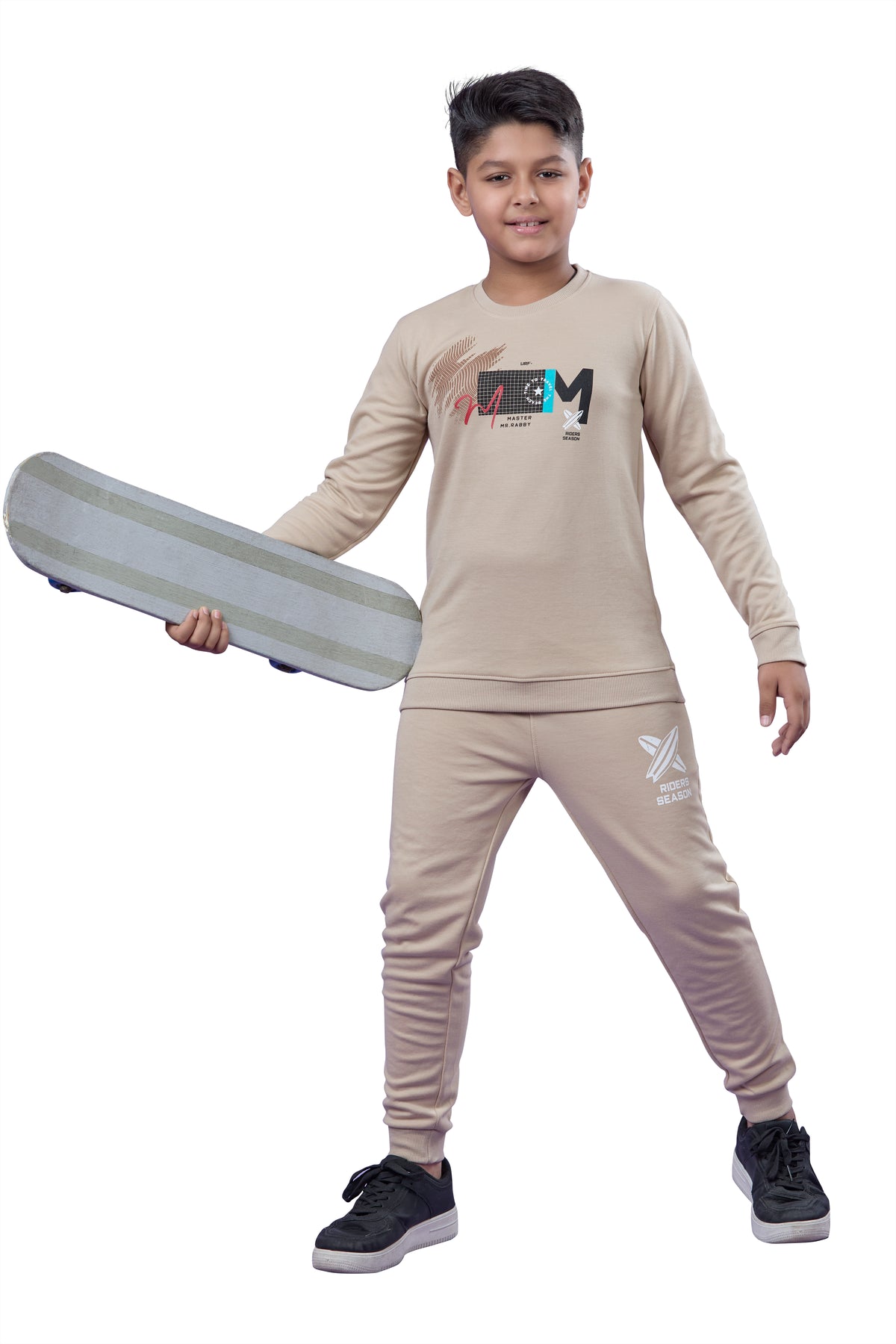 Beige Good Vibes Boys Co-Ord Set (Sweatshirts & Joggers)