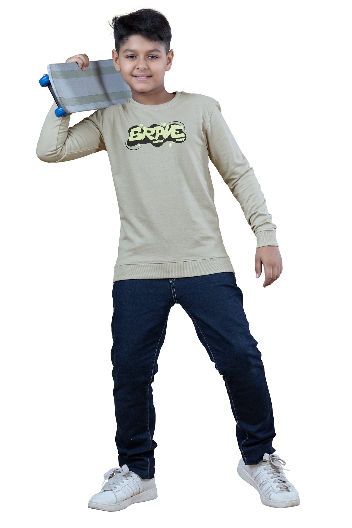 Light Green Printed Graphic Boys Full Sleeves T-Shirt