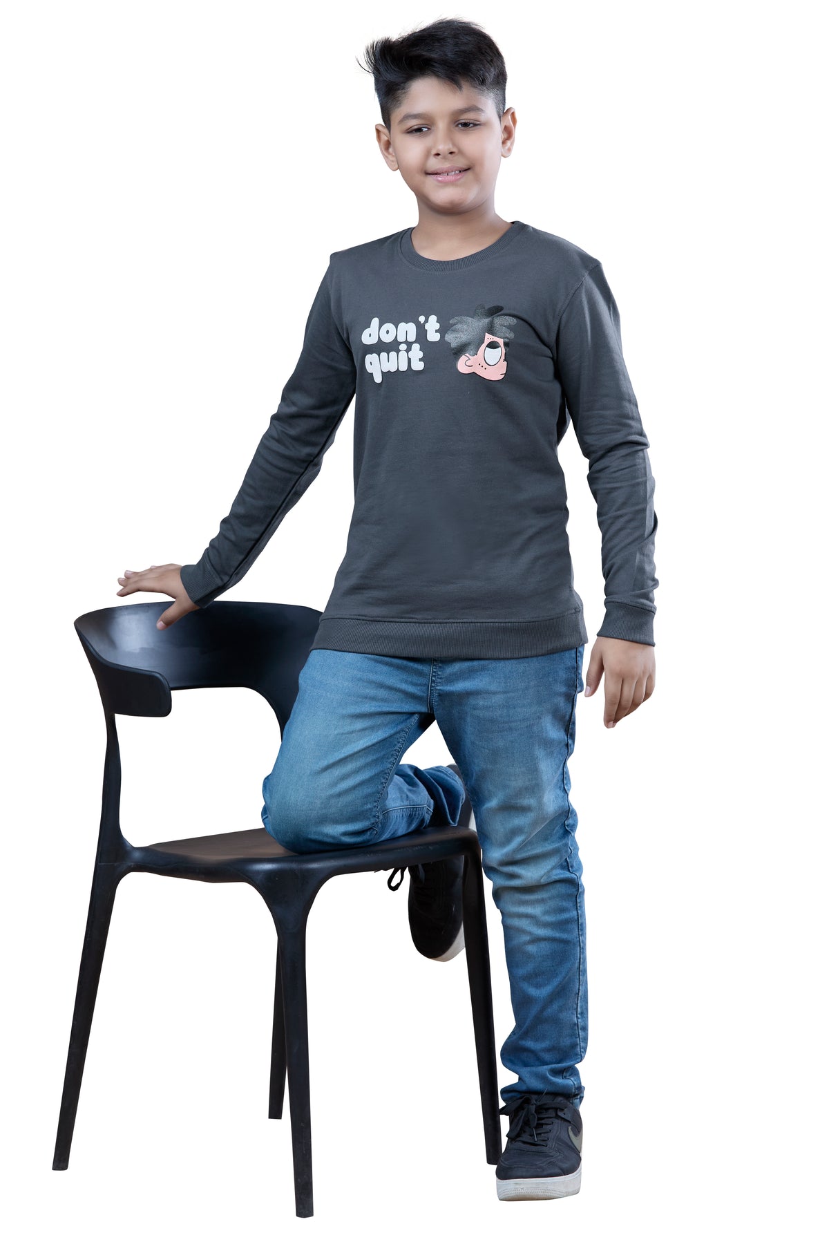 Dark Grey Printed Graphic Boys Full Sleeves T-Shirt