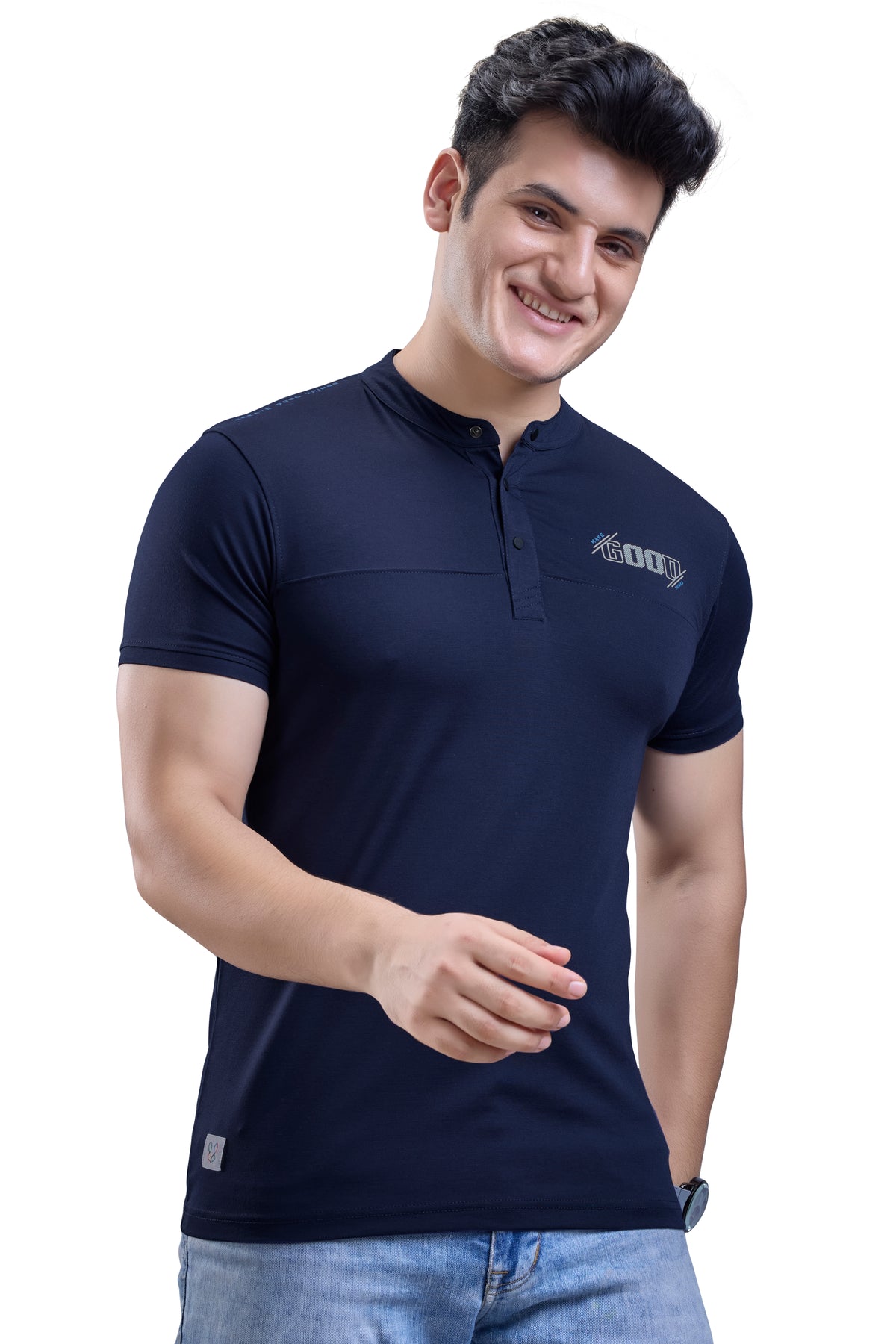 Navy Blue Mandarin Collar Graphic T-Shirt