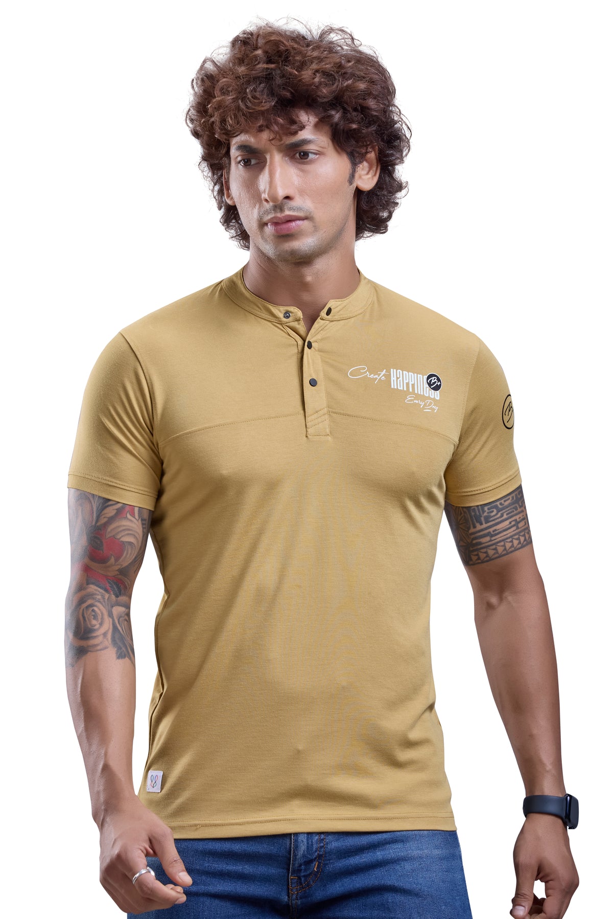 Mustard Mandarin Collar Graphic T-Shirt