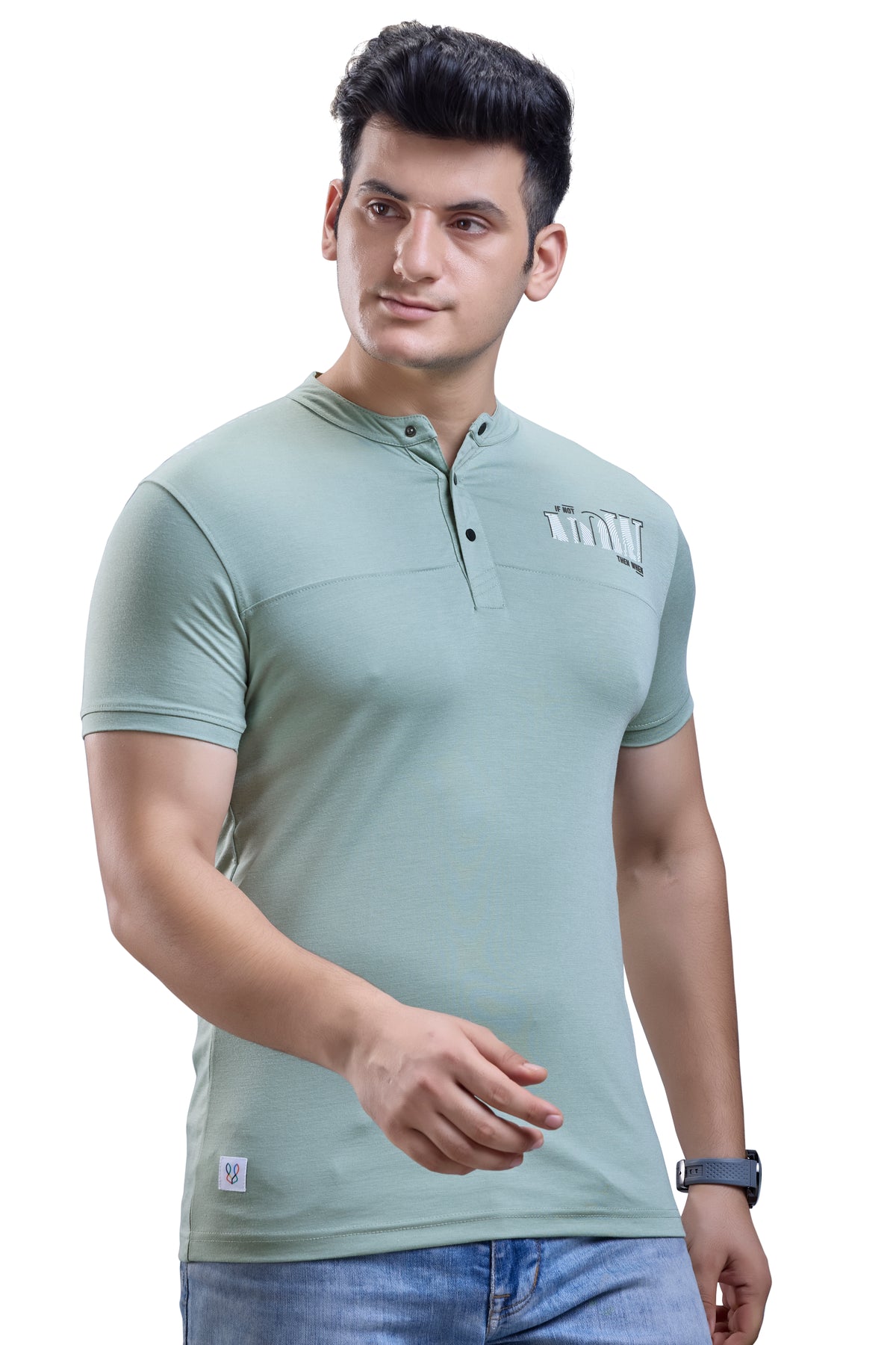 Sage Green Mandarin Collar Graphic T-Shirt
