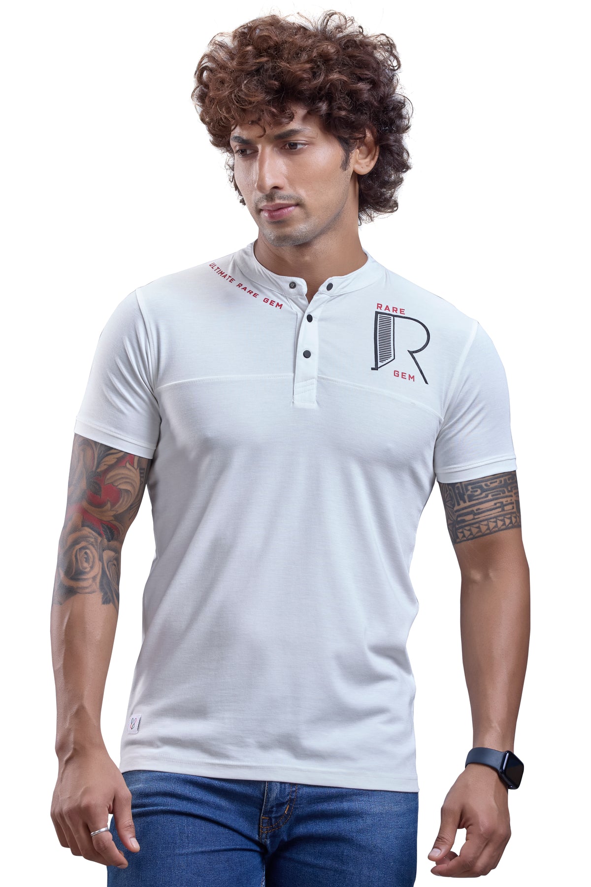 White Mandarin Collar Graphic T-Shirt
