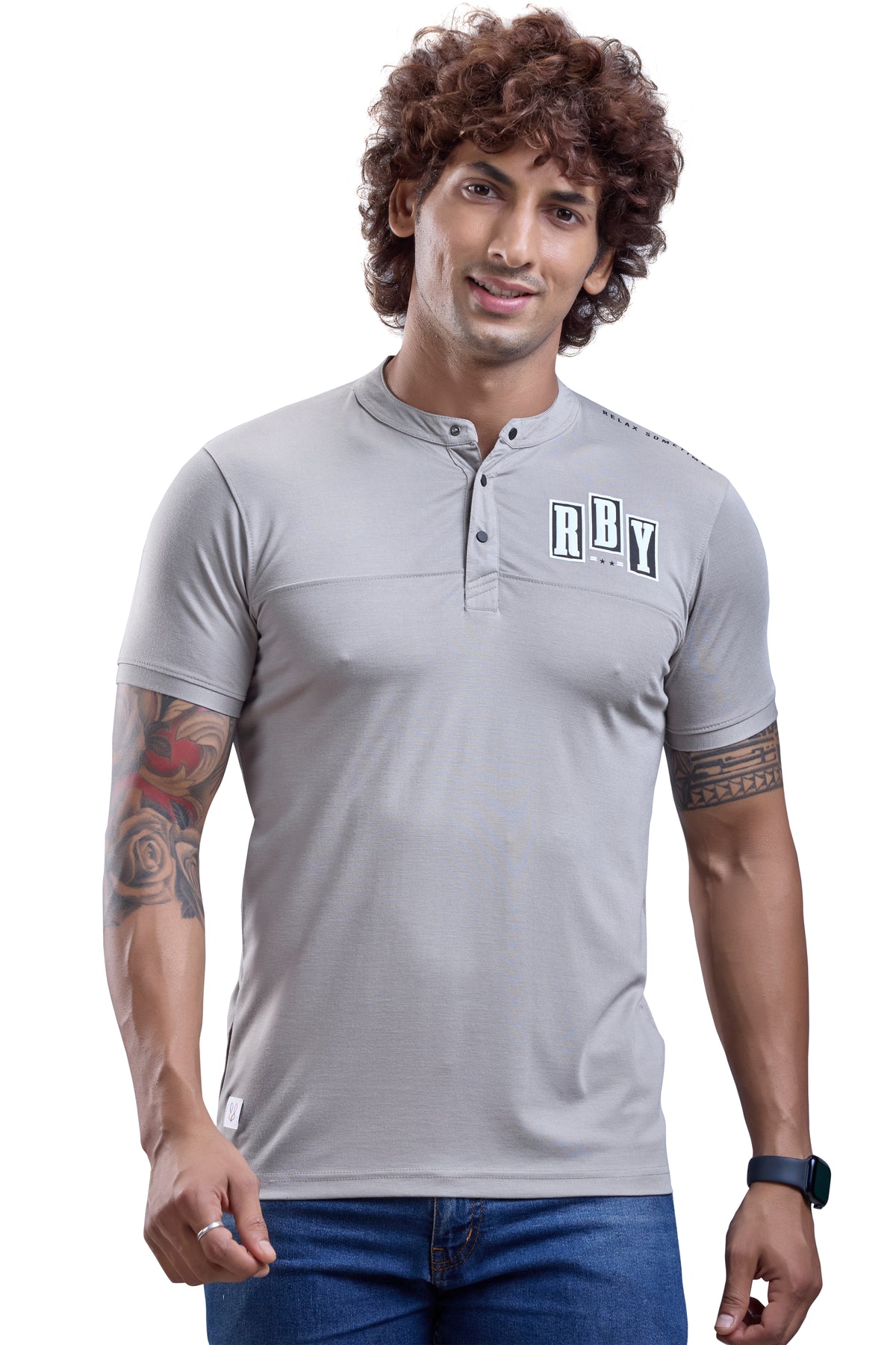 Ash Grey Mandarin Collar Graphic T-Shirt