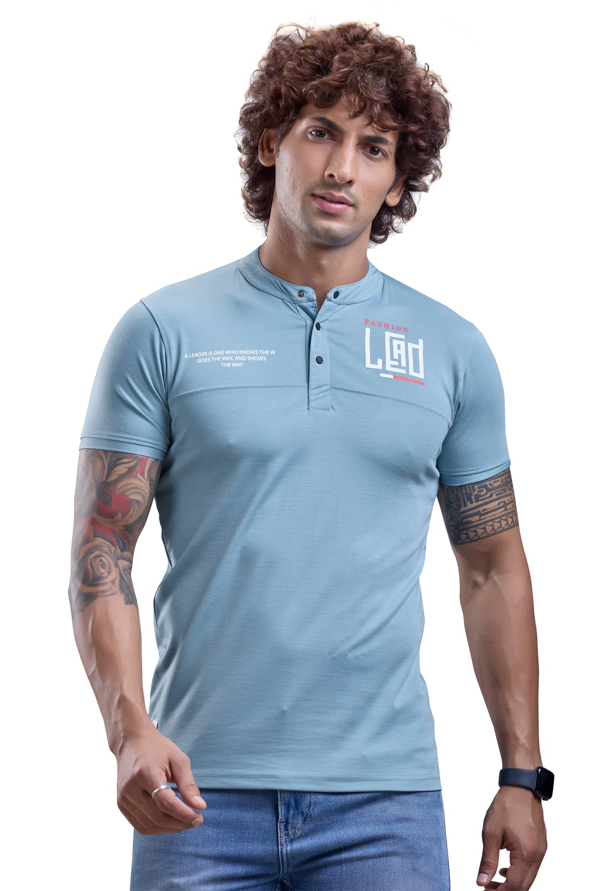 Powder Blue Mandarin Collar Graphic T-Shirt