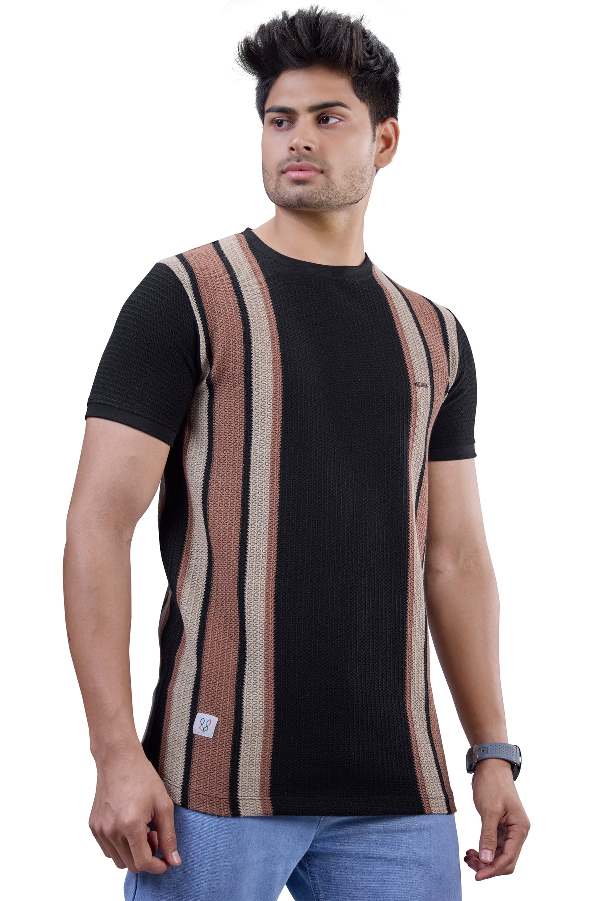 Black & Brown Striped Textured Crew T-Shirt