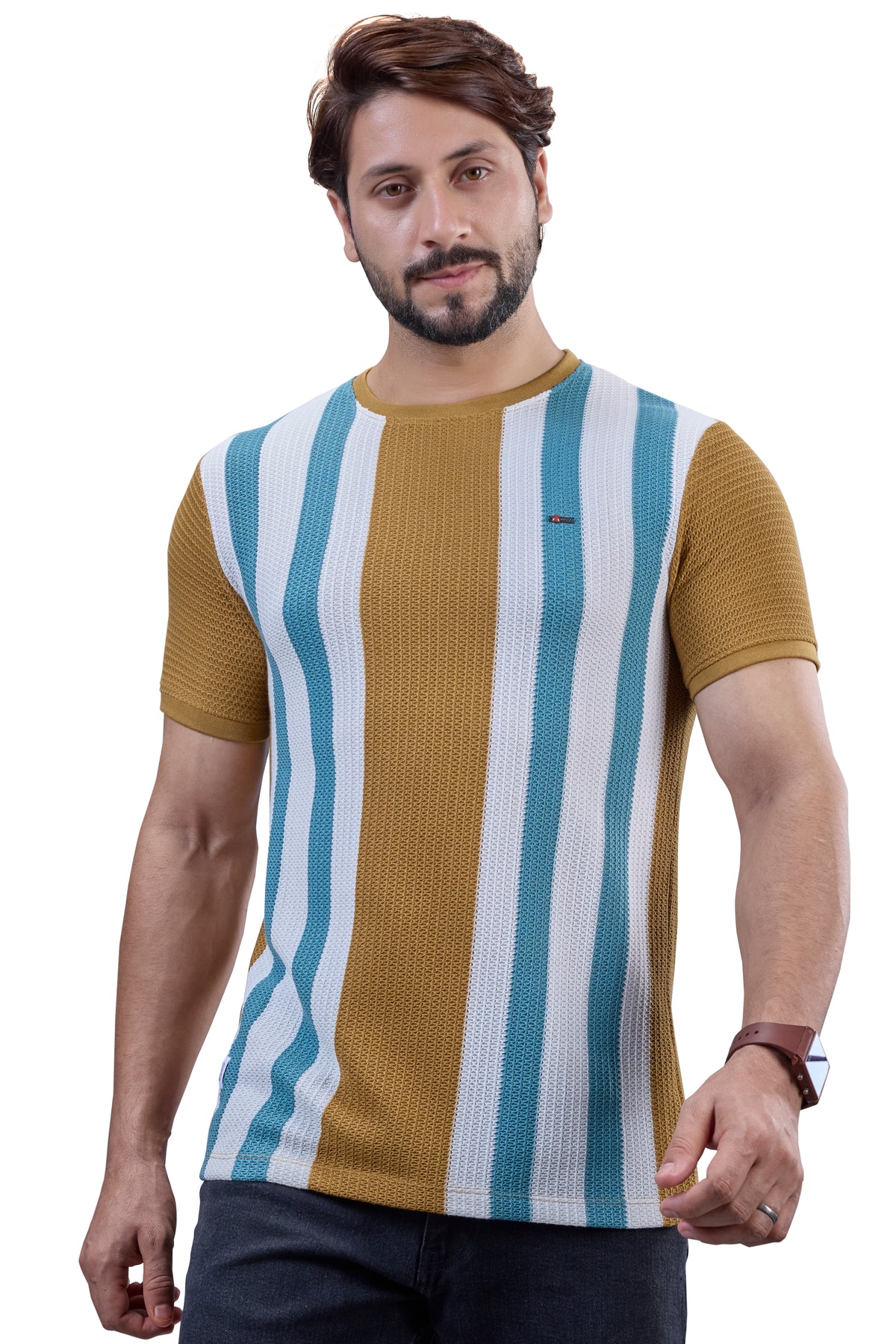 Mustard & Teal Striped Textured Crew T-Shirt