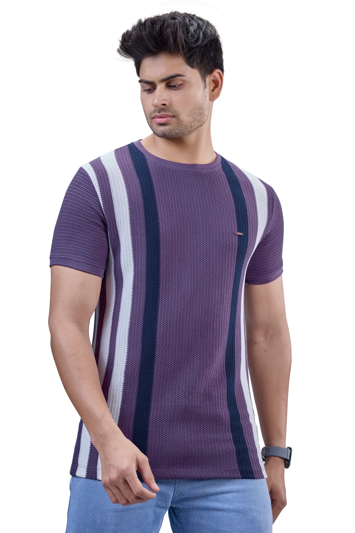 Purple & Navy Striped Textured Crew T-Shirt