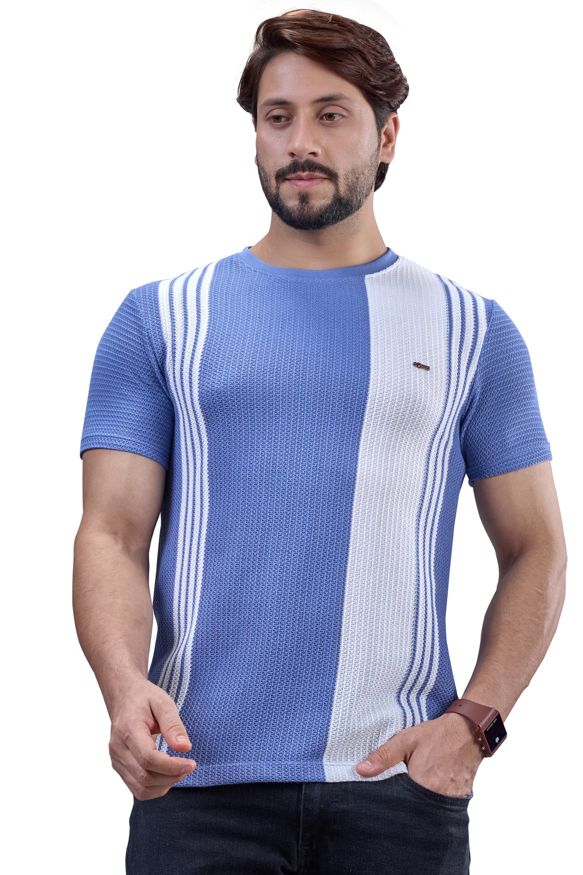 Blue & White Striped Textured Crew T-Shirt