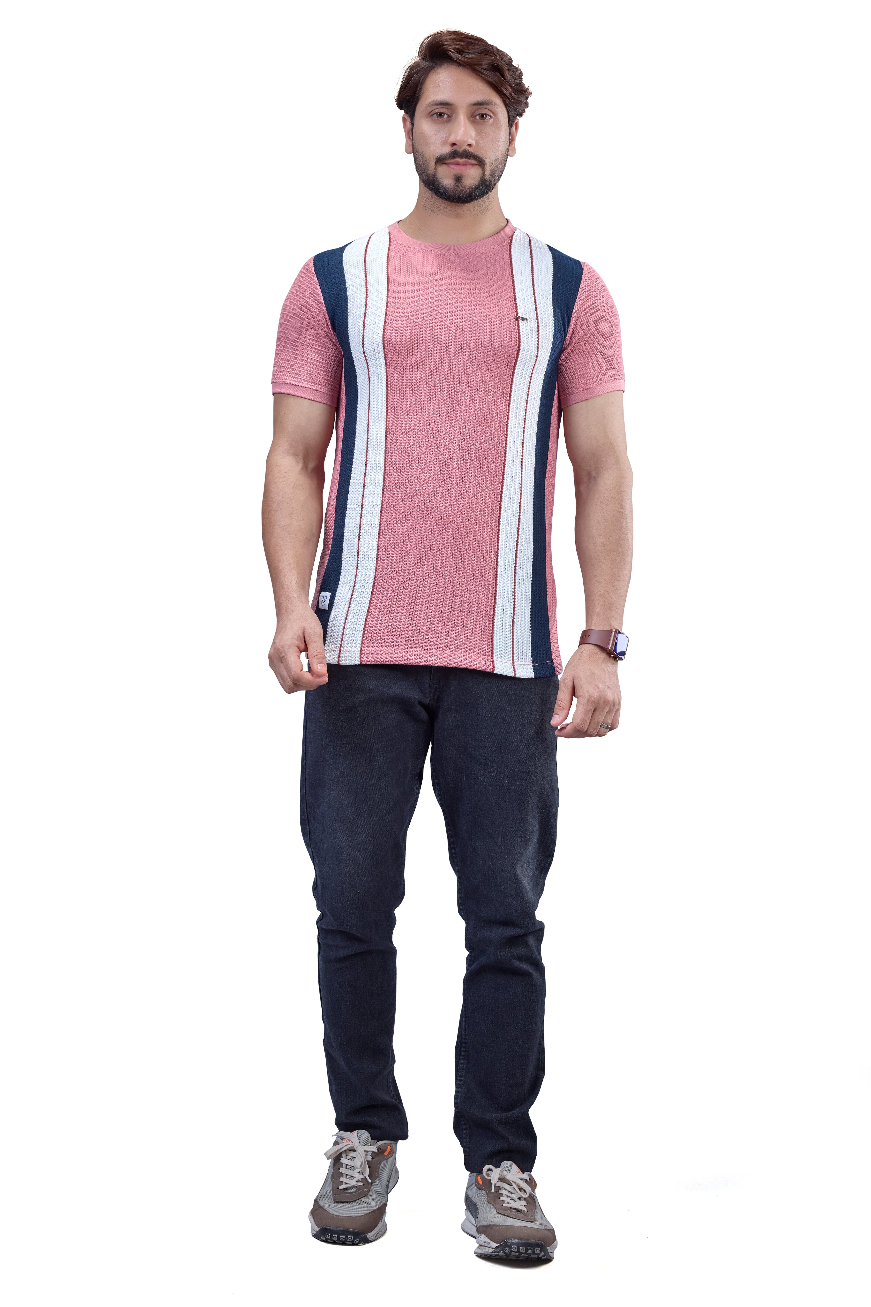 Pink & Navy Striped Textured Crew T-Shirt