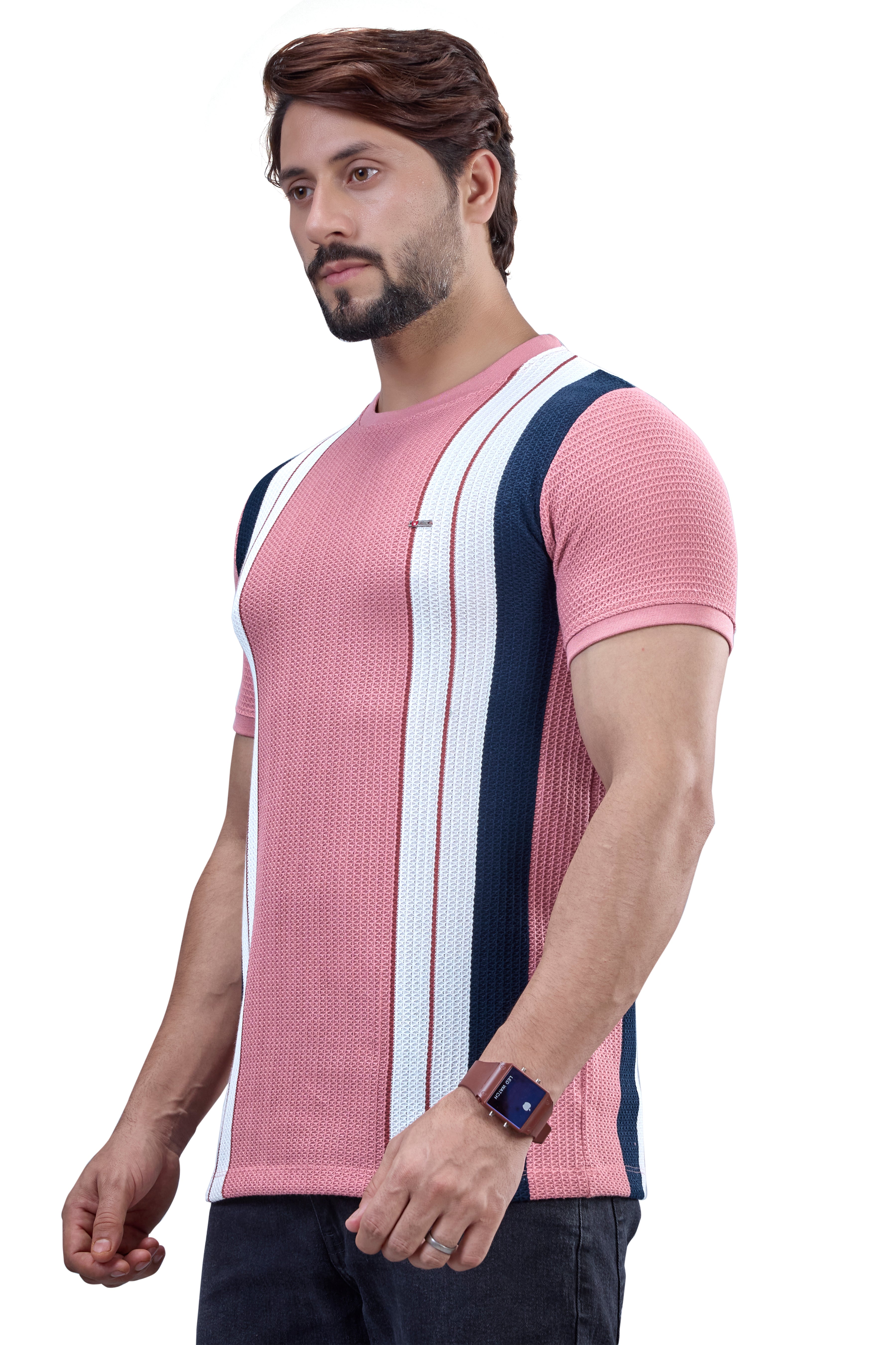 Pink & Navy Striped Textured Crew T-Shirt