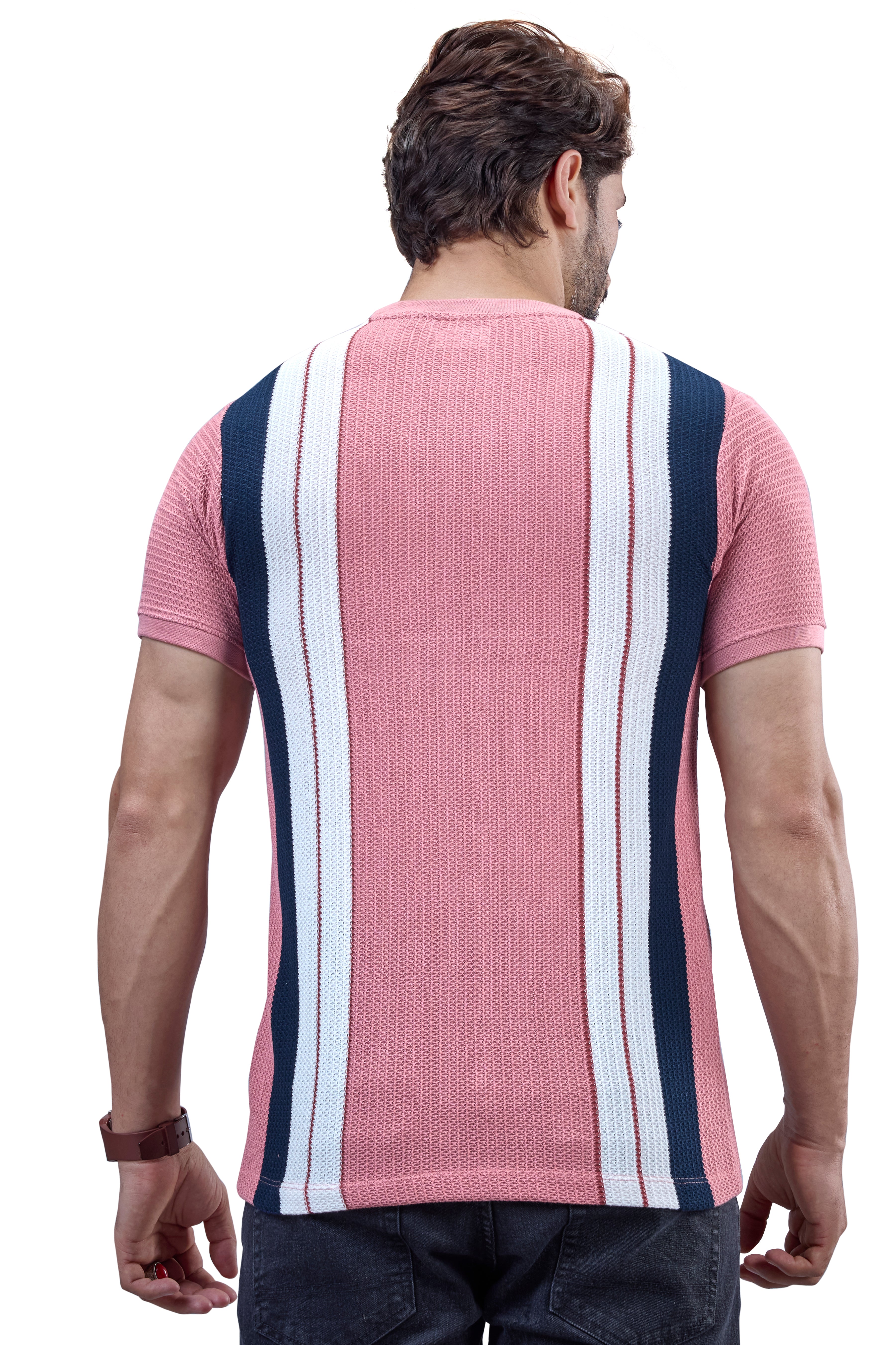 Pink & Navy Striped Textured Crew T-Shirt