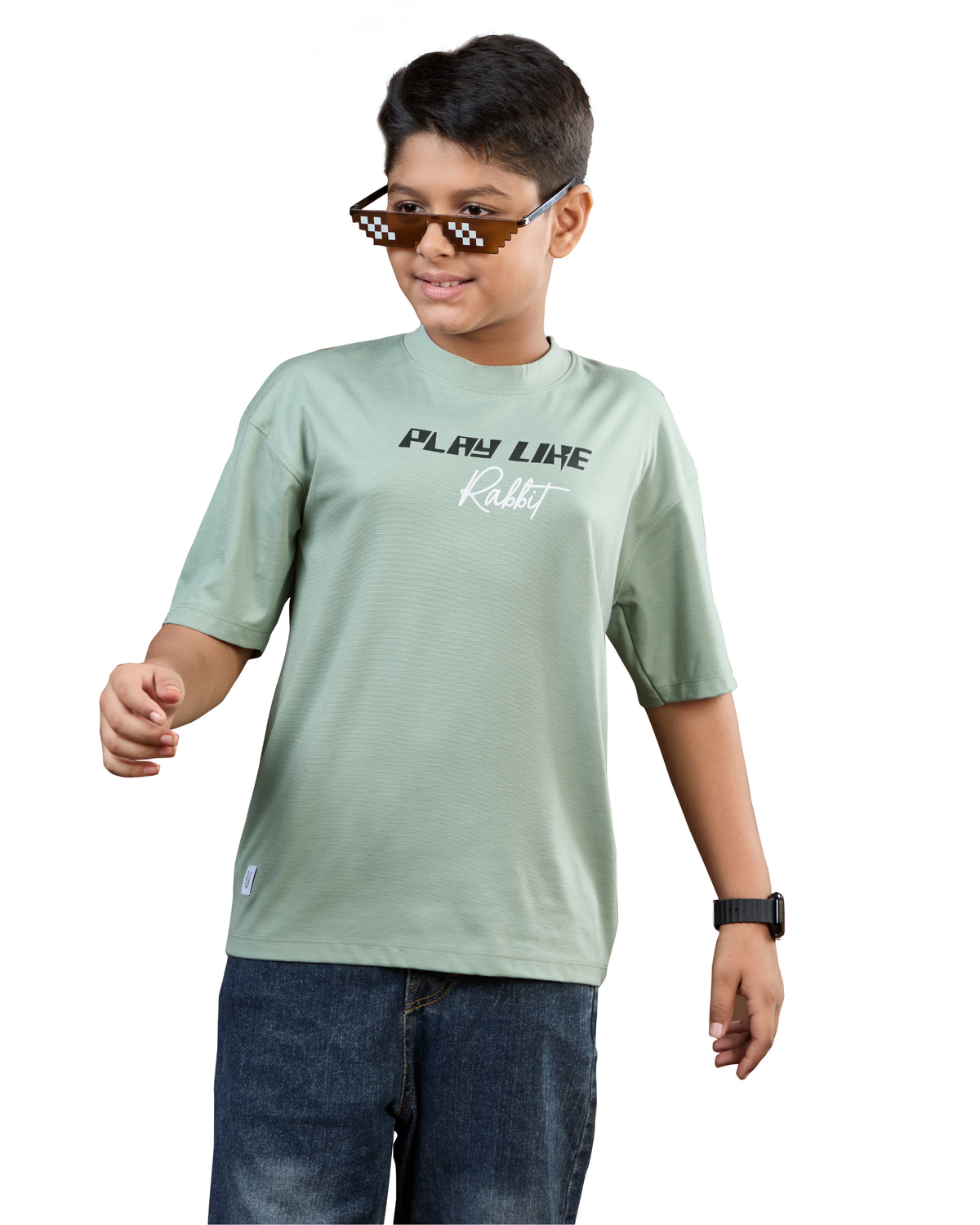 Mint Green Play Like Rabbit Graphic Boys T-Shirt