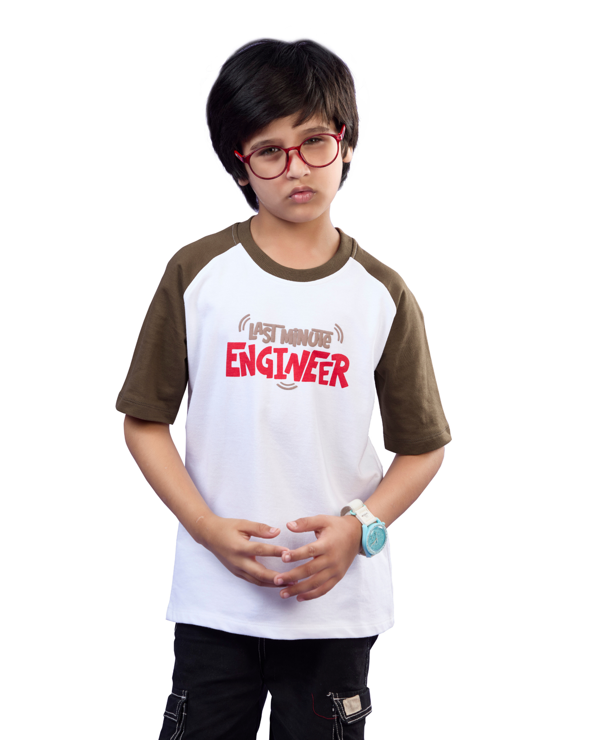 White & Olive Last Minute Engineer Graphic Boys T-Shirt