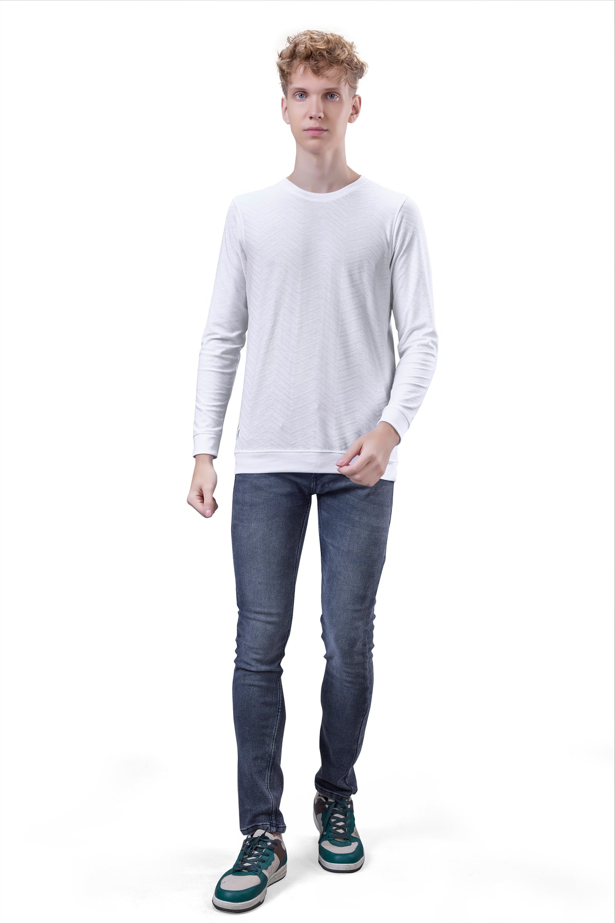 White Textured Full Sleeves T-Shirt