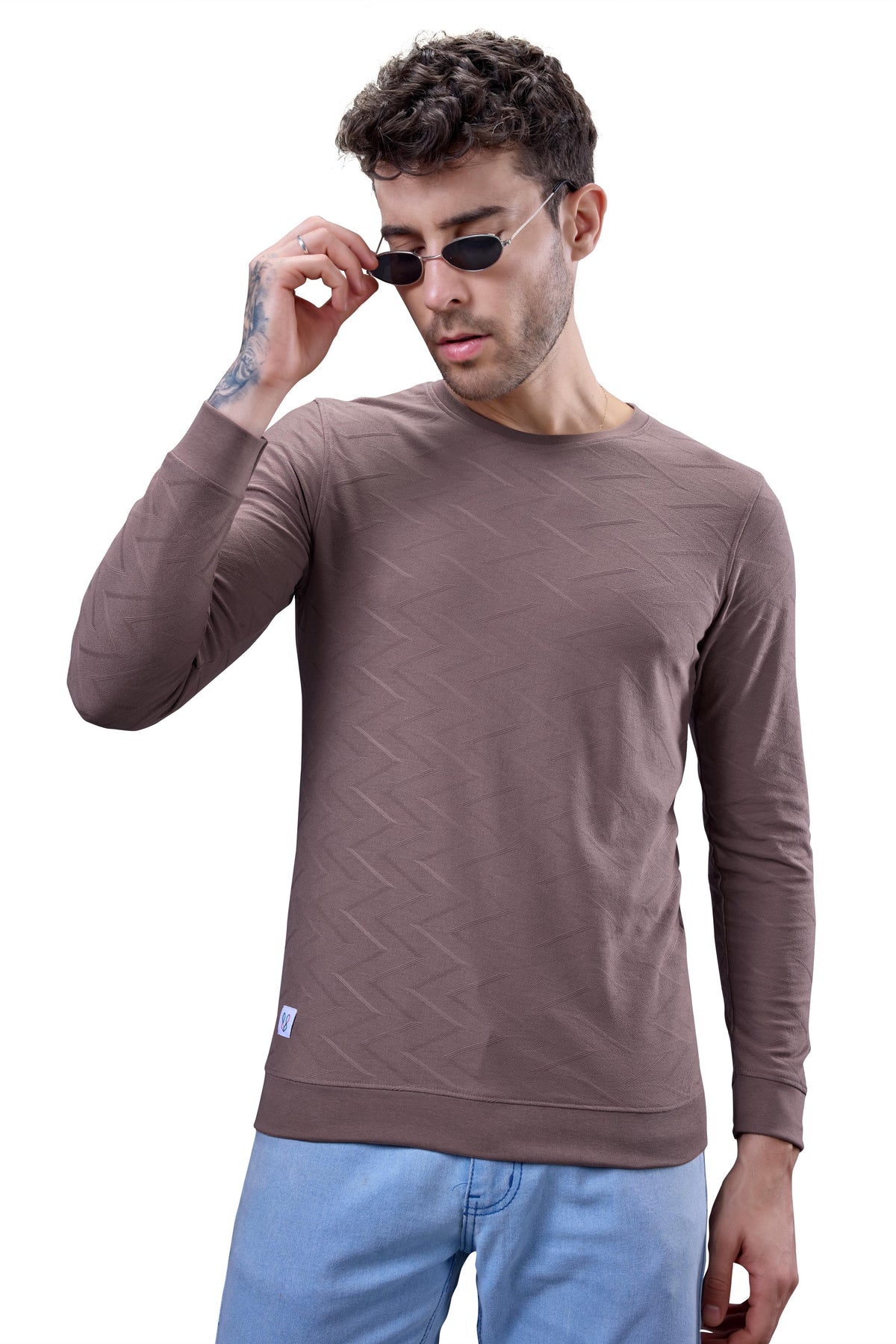 Brown Textured Full Sleeves T-Shirt