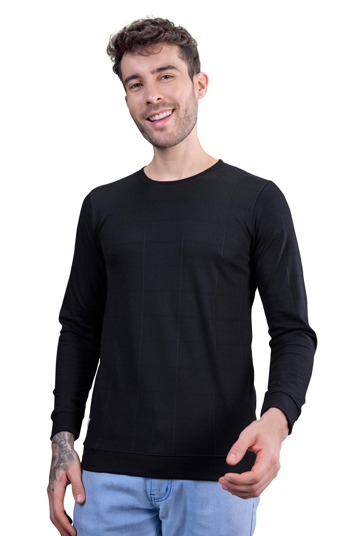 Black Textured Full Sleeves T-Shirt