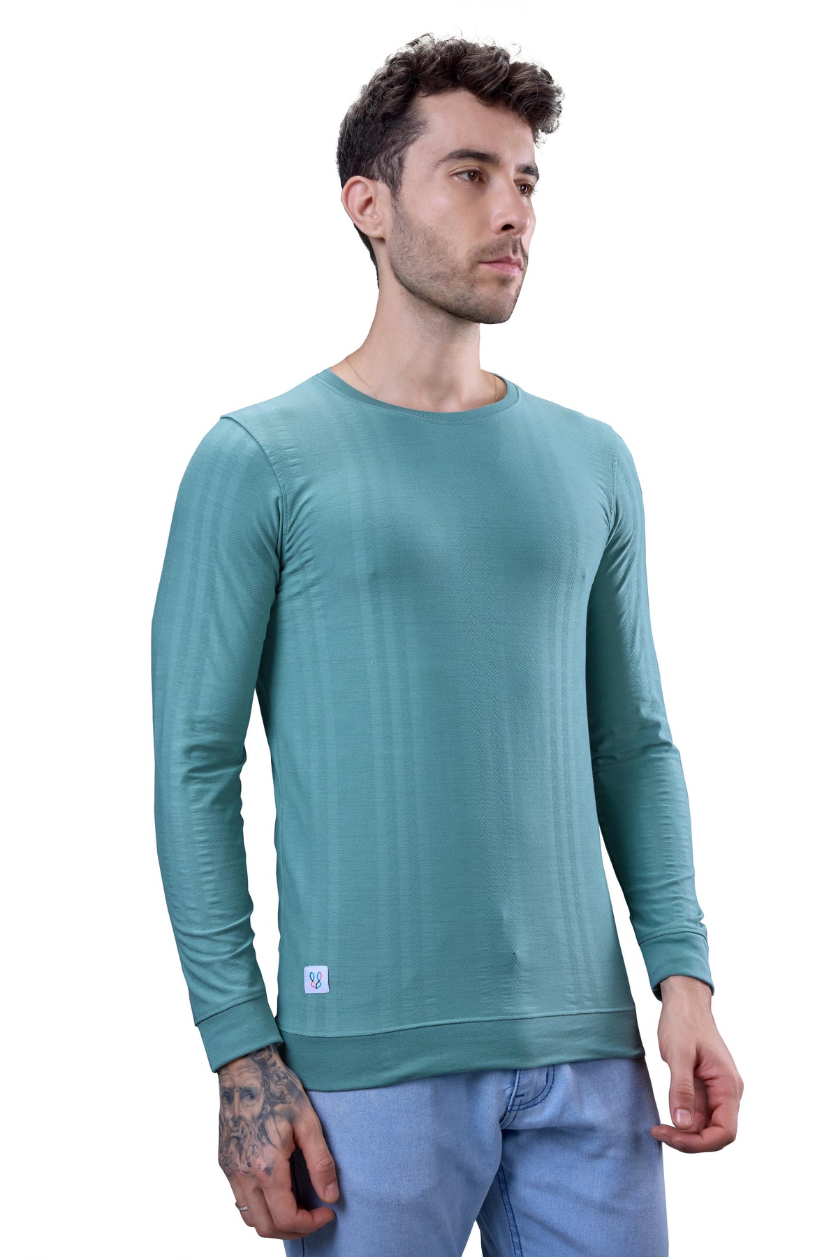 Teal Textured Full Sleeves T-Shirt