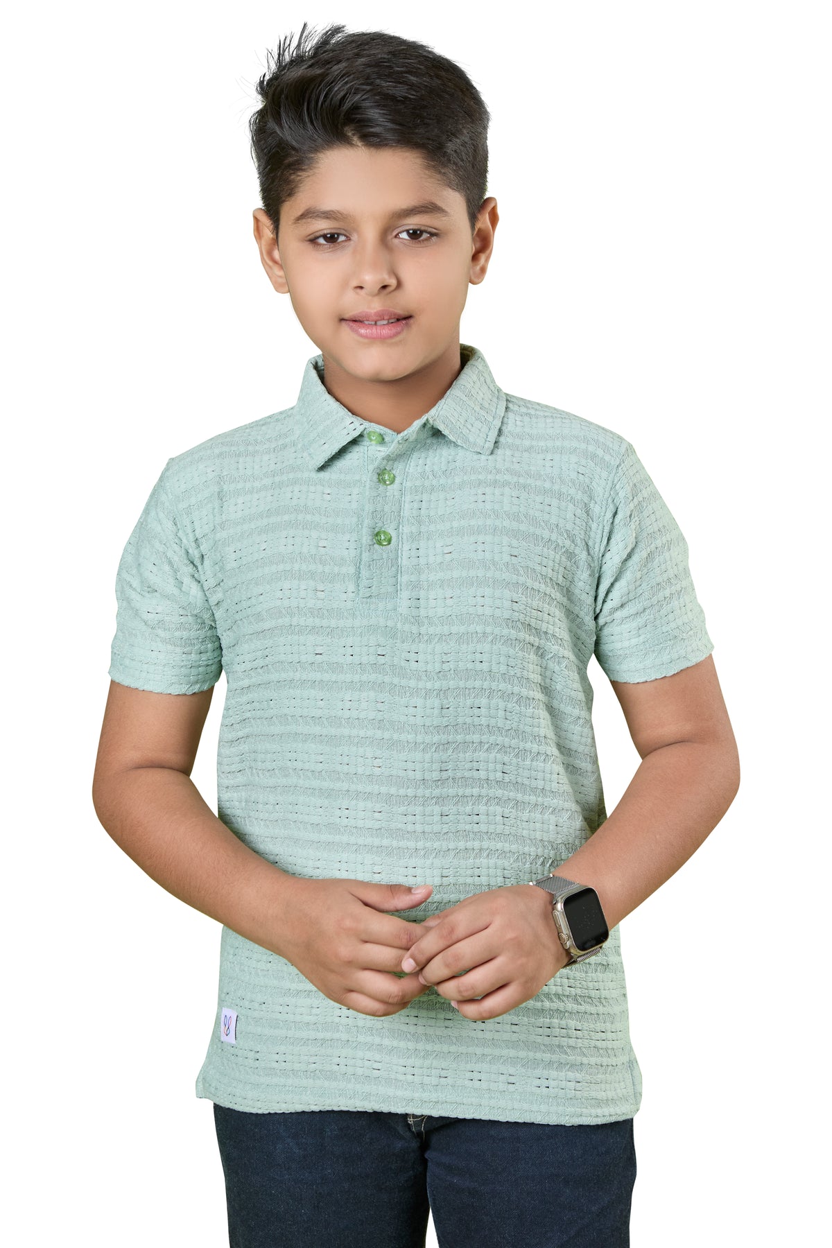 Boys Green Textured Half Sleeves Polo T-Shirt
