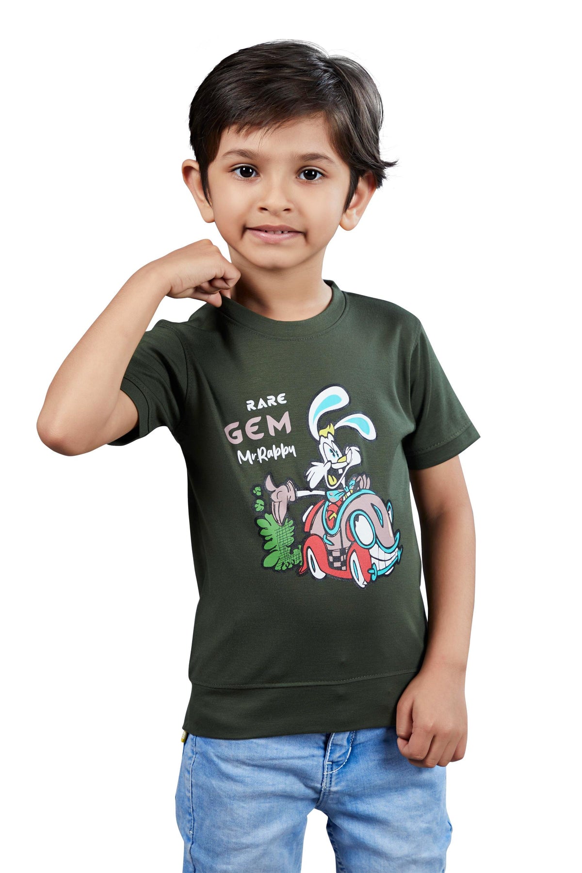 Boys Dark Green Graphic Printed Half Sleeves T-Shirt