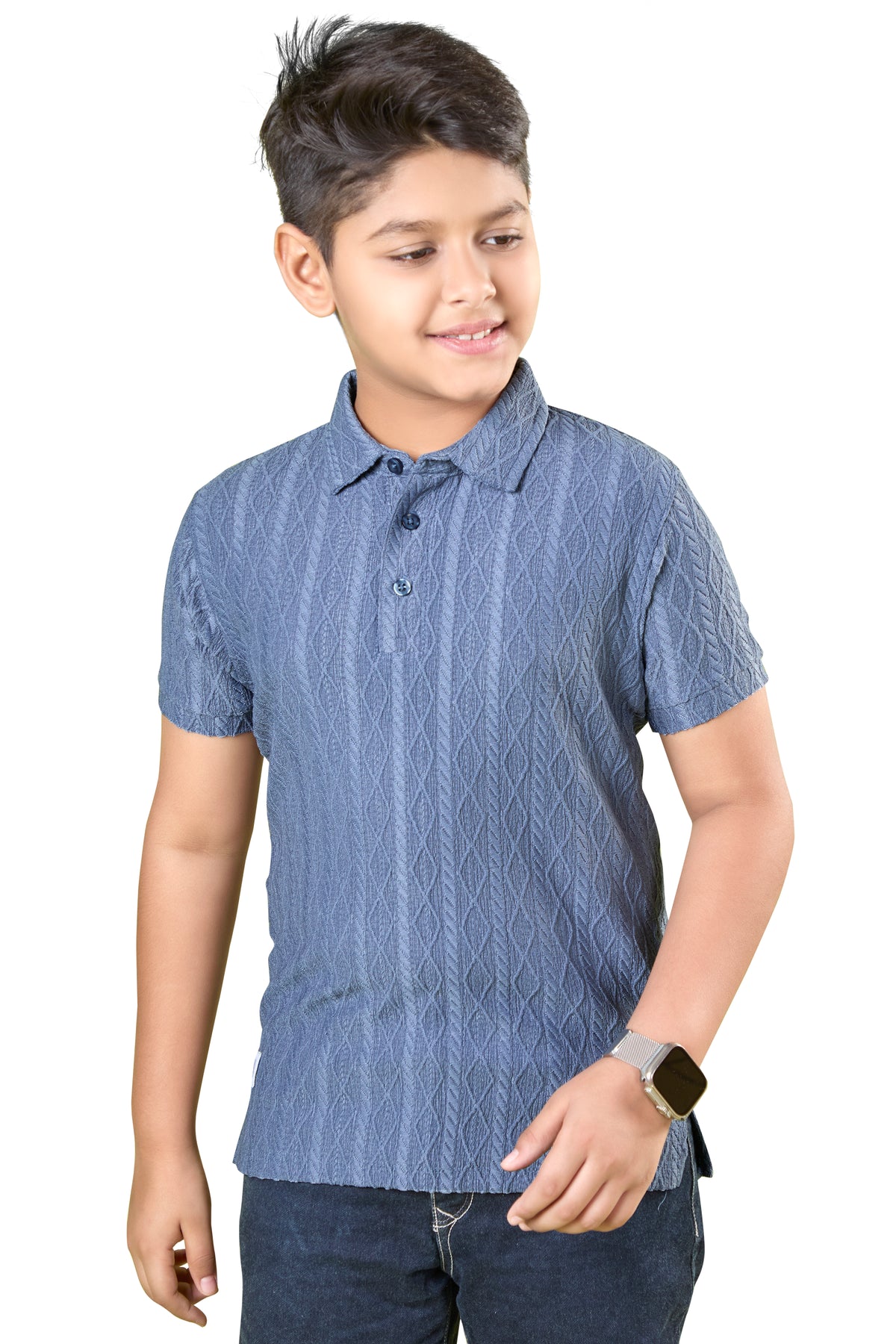 Steel Blue Textured Half Sleeves Polo T-Shirt
