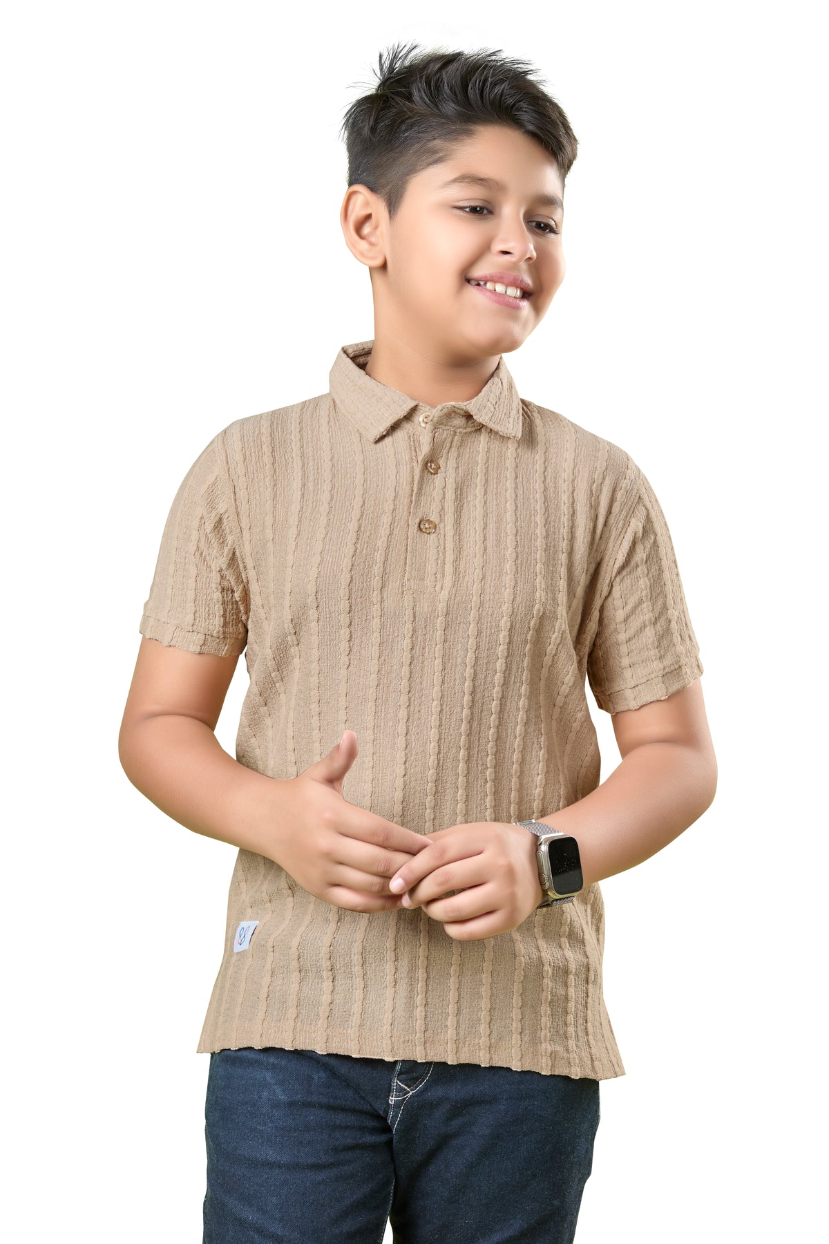 Sand Beige Textured Half Sleeves Polo T-Shirt
